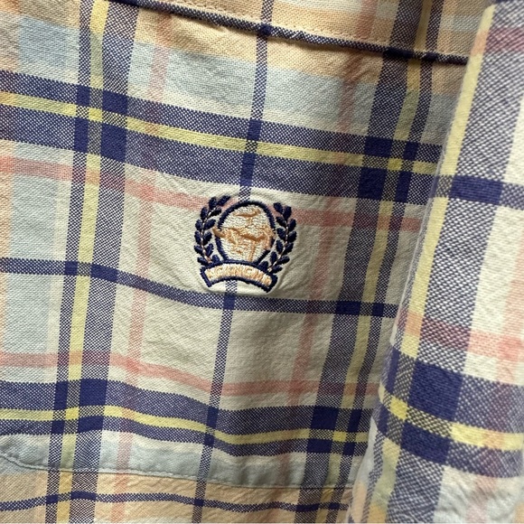 Cinch Cotton Short Sleeve Button Down Collar Shirt White Blue Peach Plaid Large - Picture 3 of 6